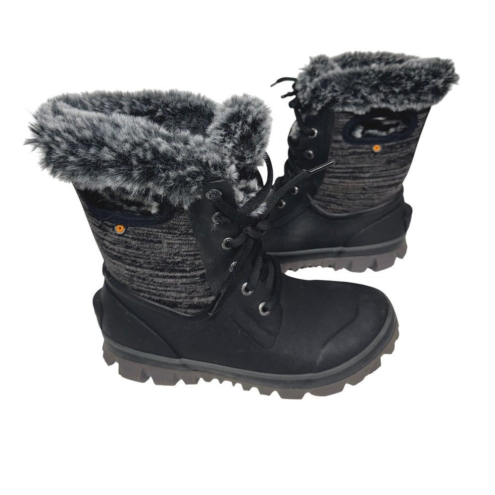 Bogs Arcata Knit Womens‎ Black Gray Waterproof Winter Snow Boots Faux Fur Trim